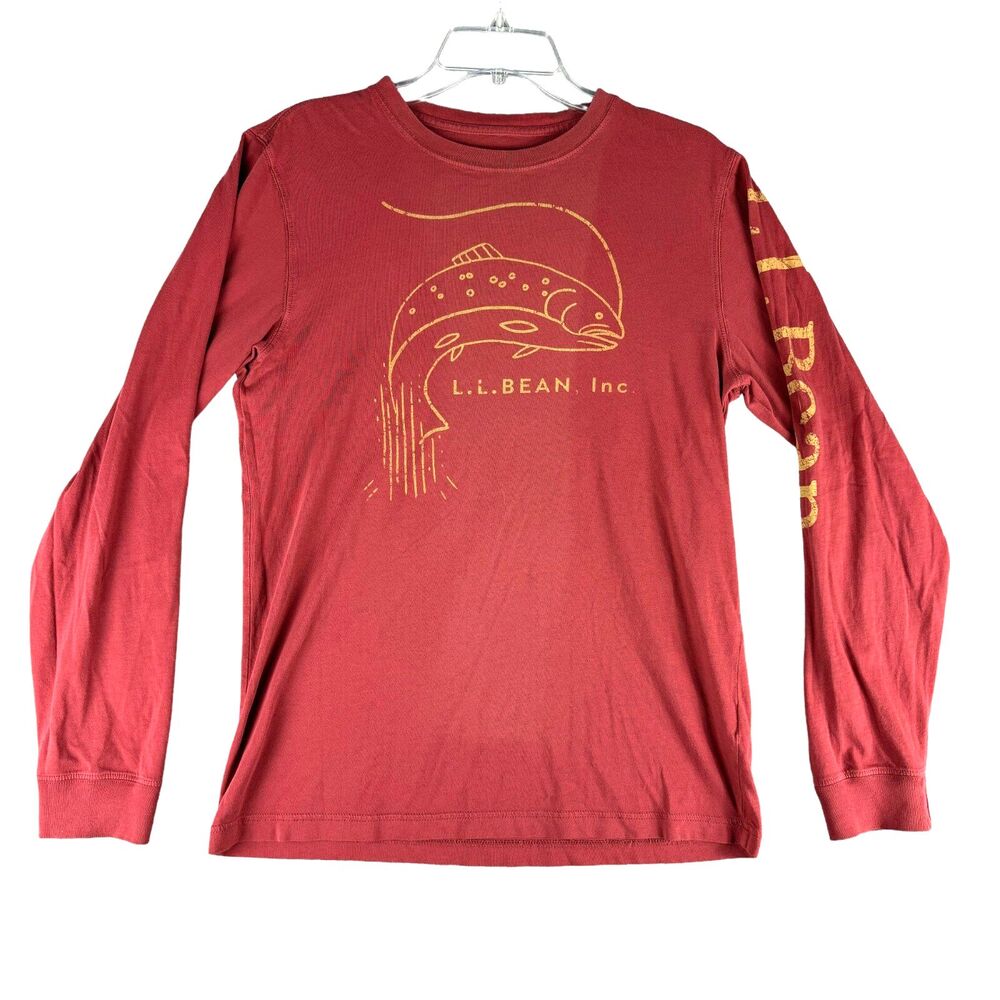 L.L. Bean Shirt Mens Small Red Regular Slightly Fitted Fishing Trout Long Sleeve